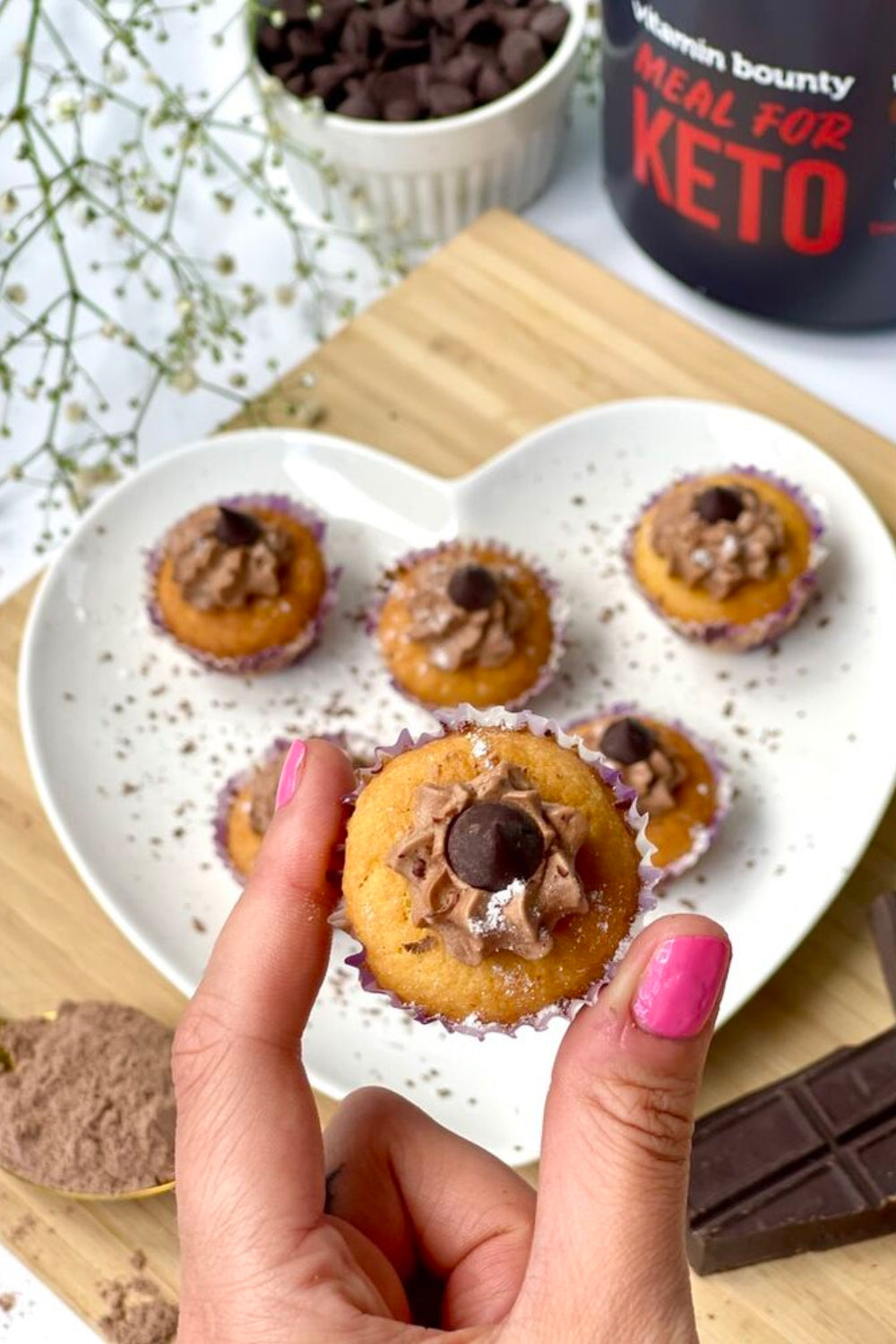 Mini chocolate cupcakes, made using Meal for Keto meal replacement powder by Vitamin Bounty