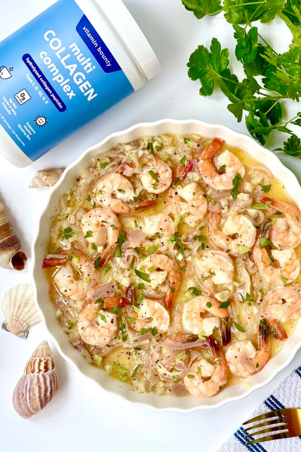 Large ceramic bowl of Garlic Shrimp, sauce made with Vitamin Bounty Multi Collagen Complex