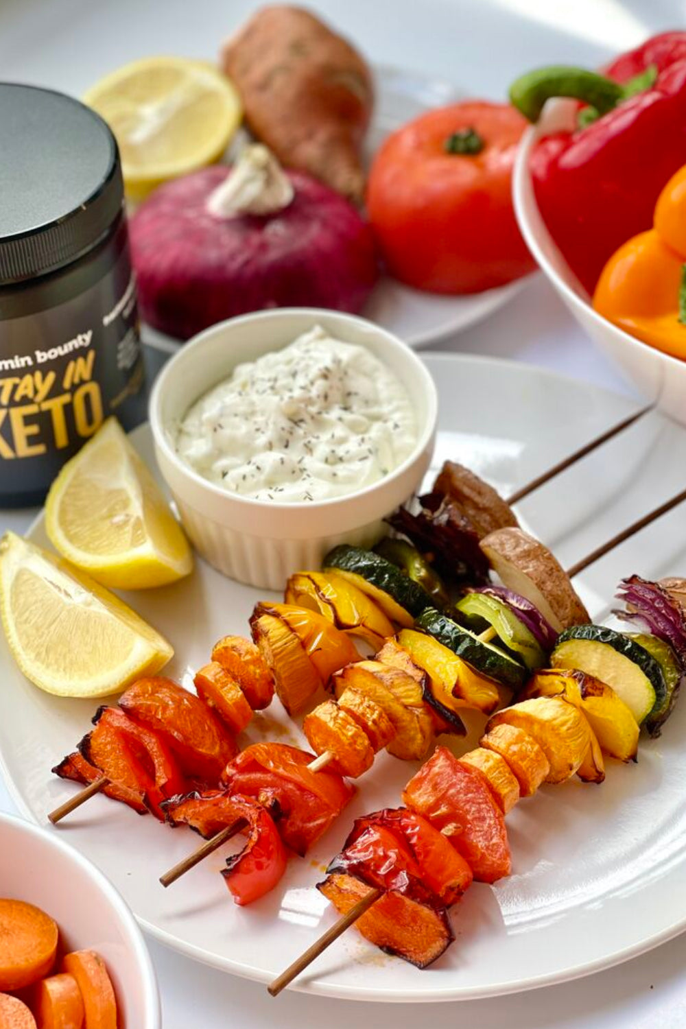 Veggie Skewers in a rainbow pattern (red, orange, yellow green and purple)