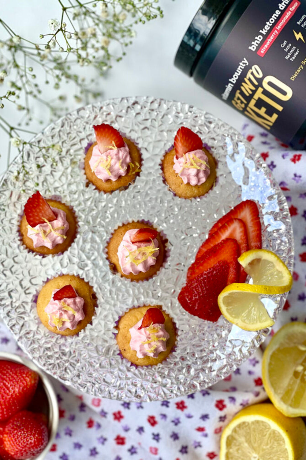 Tiny, pink Strawberry Lemonade Mini Cupcakes made with Vitamin Bounty Get into Keto