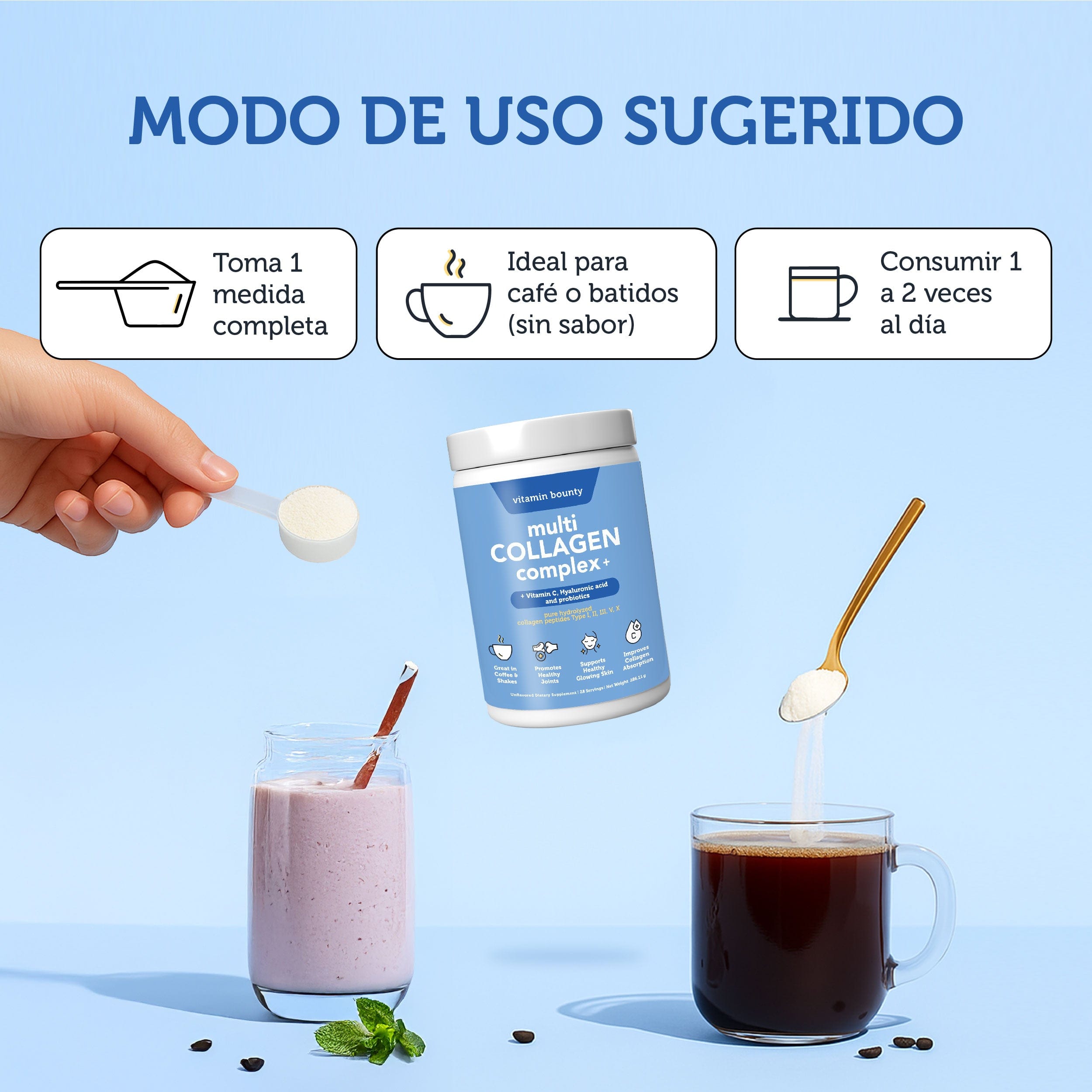 Colágeno Hidrolizado 5 en 1 con Ácido Hialurónico, Vitamina C y Probióticos