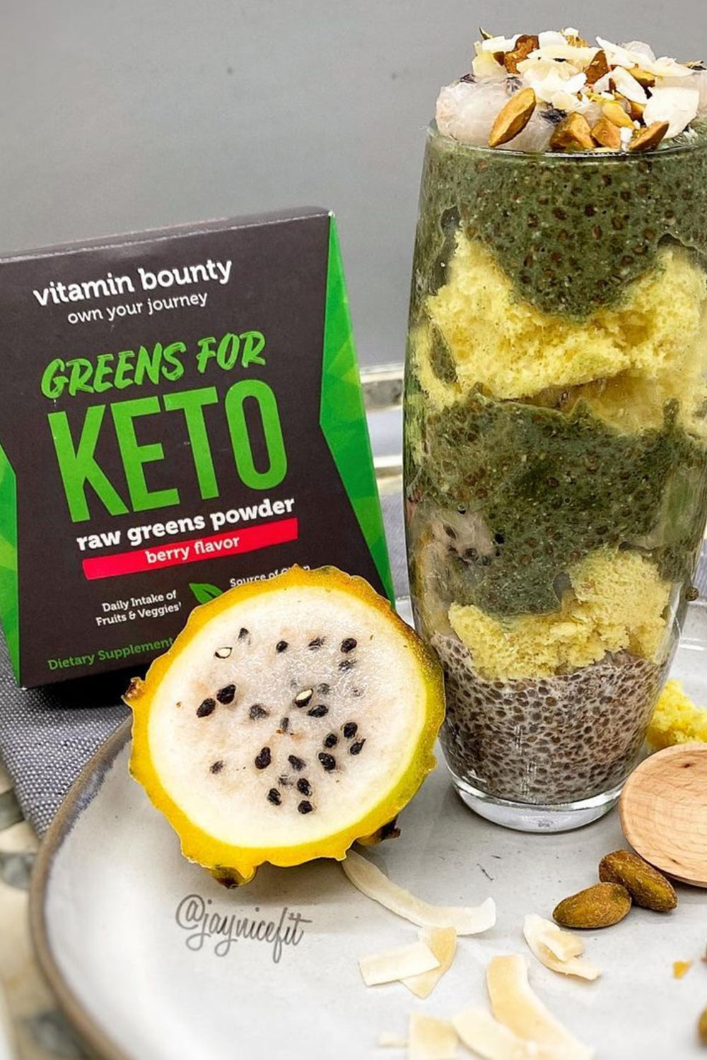 Chia Pudding Parfait layered in a glass, with dragon fruit made with Green's for Keto by Vitamin Bounty