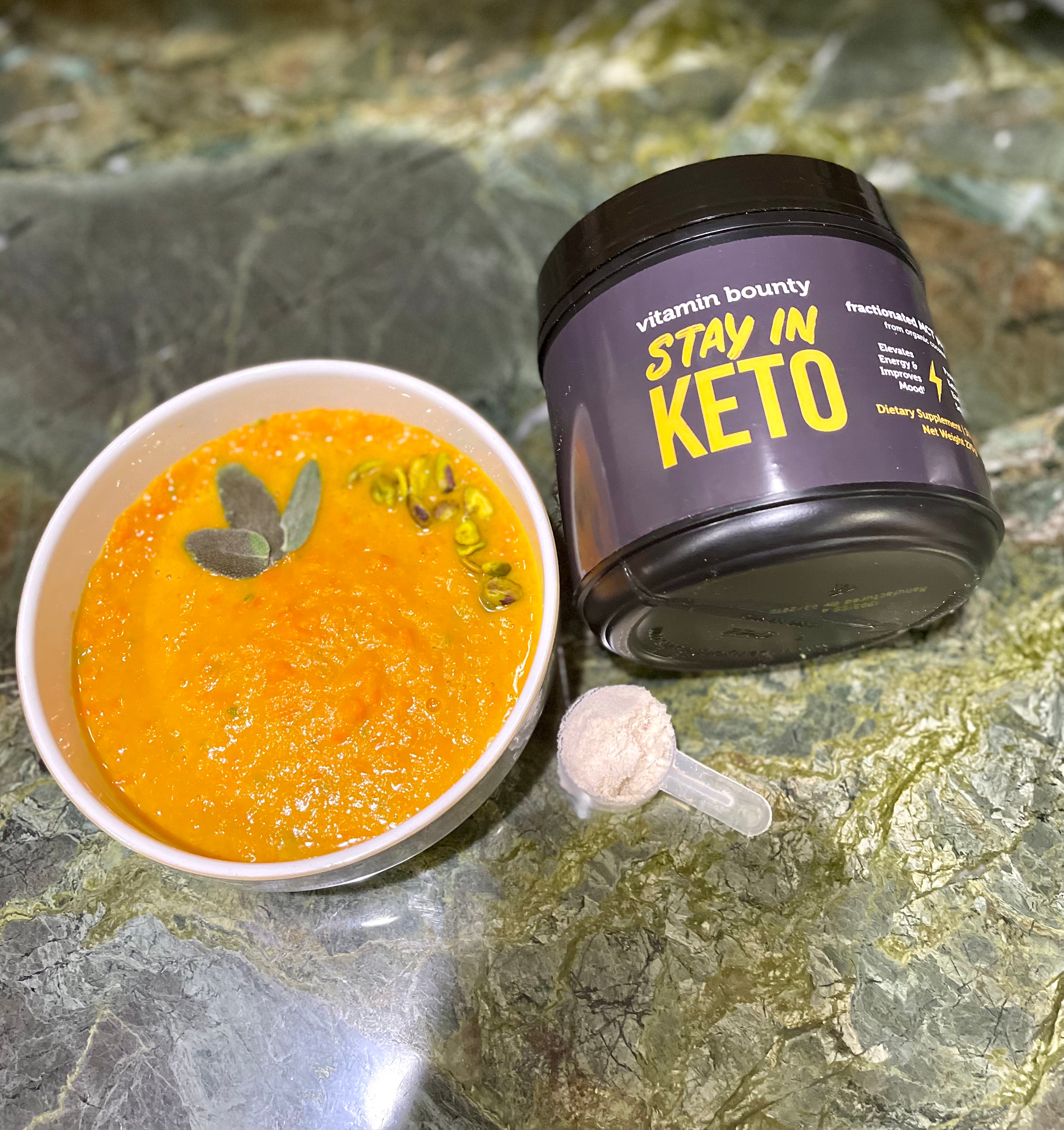 MCT Infused Carrot and Sage Soup made with Stay In Keto MCT Oil Powder from Vitamin Bounty