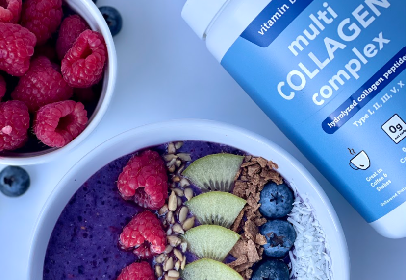 Smoothie Bowl with fresh fruit and seeds made with Vitamin Bounty's Multi Collagen Complex