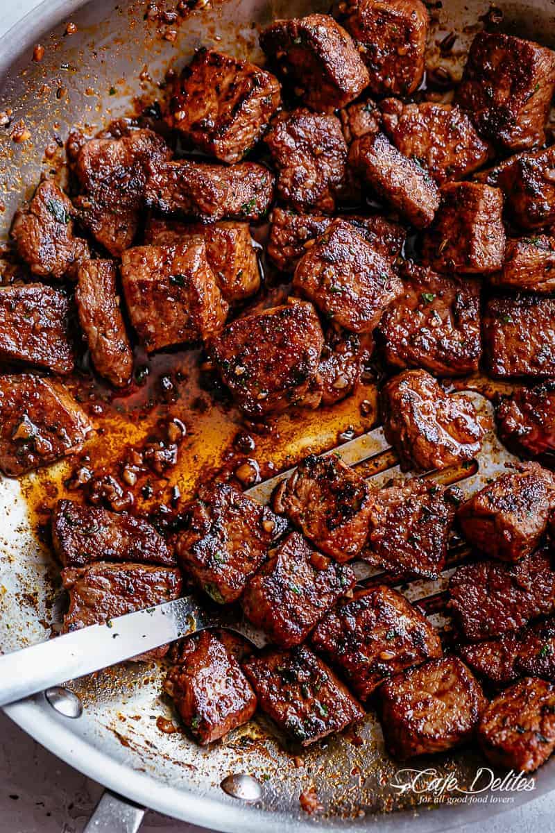 Steak bites in a pan 