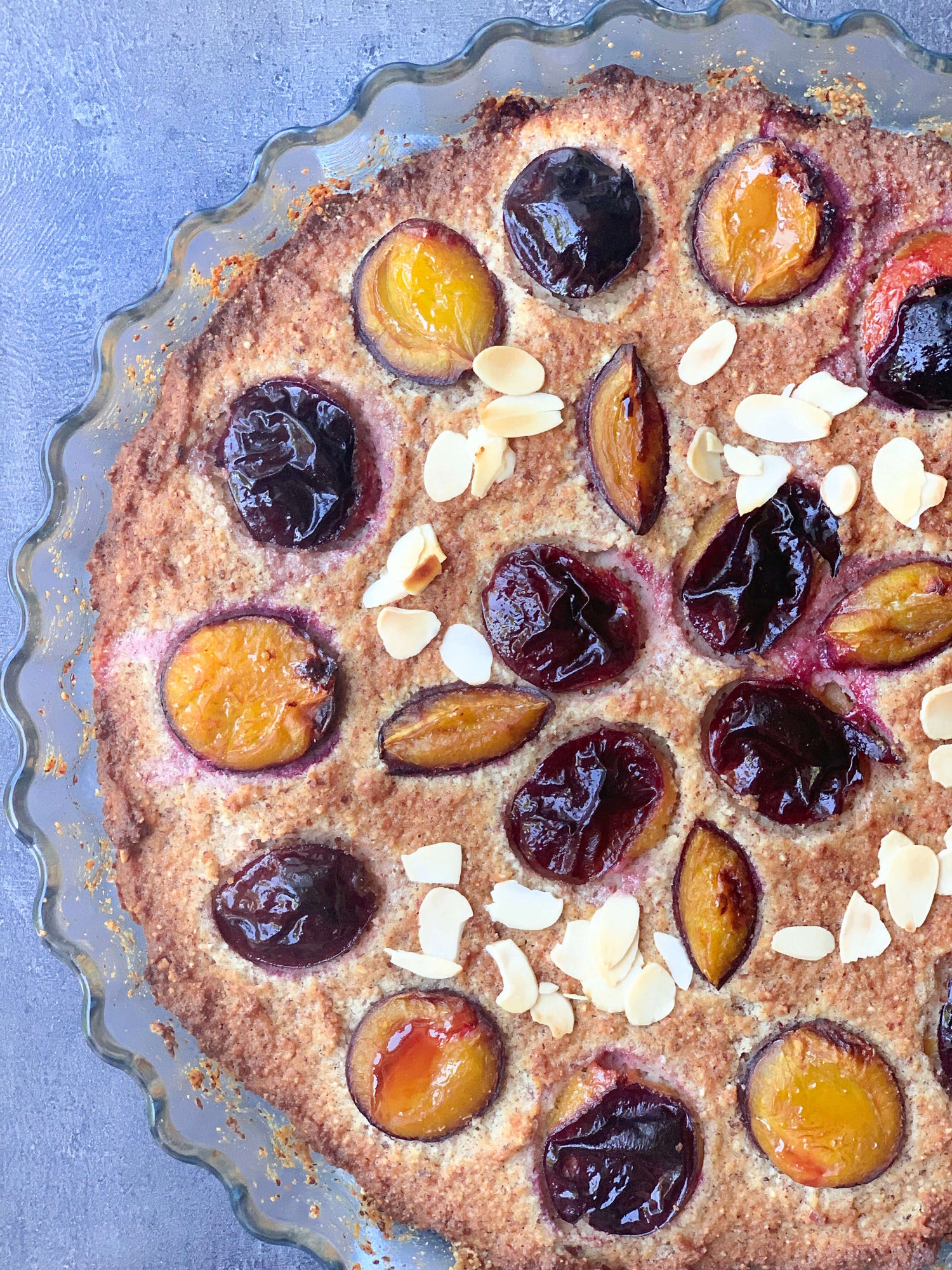Plum Pie topped with sliced almonds